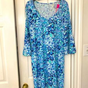 Dress, Lilly, size L, trumpet sleeves, green multi.